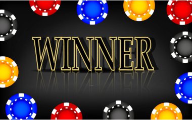 Kazanan bayrak. Siyah arka planda çok renkli kumarhane fişleri. Kumarhane uygulamaları ve web siteleri için vektör illüstrasyonu