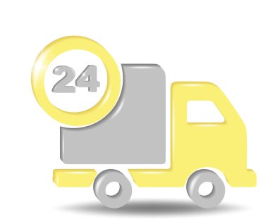 Araba teslimatı ikonu, 24 saat teslimat sembolü, hızlı lojistik kamyonu. Beyaz arkaplanda izole edilmiş sarı ve gri renkli 3d vektörü.