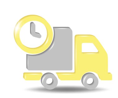 Araba teslimat ikonu, teslimat sembolü, saatli hızlı lojistik kamyon. Beyaz arkaplanda izole edilmiş sarı ve gri renkli 3d vektörü.