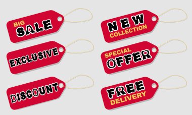 Fiyat etiketleri. Büyük indirim, ücretsiz teslimat, özel teklif, indirim, yeni koleksiyon, özel. Vektör.