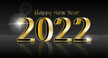 Mutlu yıllar 2022. Işıklı zarif 3D yazı. Yeni yıl tebrik kartı vektörü için altın tasarım.