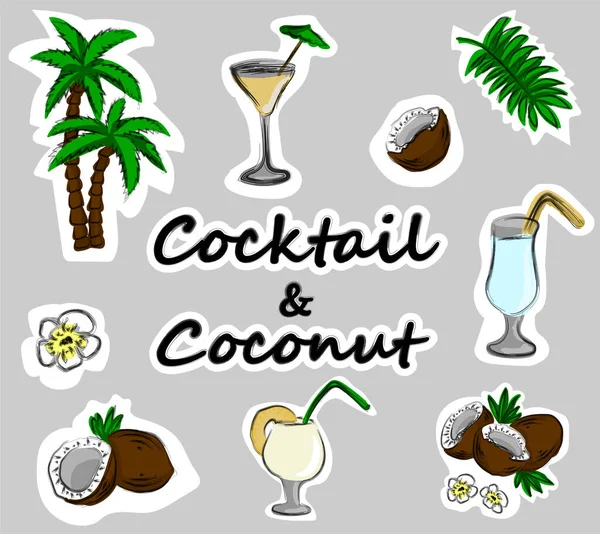 Opakowanie Koktajlowe Kokosowe Nalepkami Egzotyczne Koktajle Kokosy Palmy Ilustracja Wektora — Wektor stockowy
