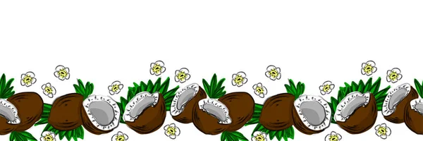 Söta Handritade Kokosnötter Och Palmer Horisontella Sömlösa Mönster Bra För — Stock vektor