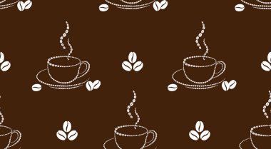 Seamless pattern with coffee beans and cups of coffee. Suitable for fabrics, banners, posters, coffee shop decoration. Vector