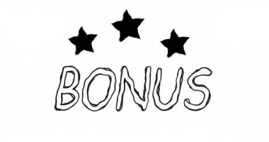 Karalama tarzında yıldızlar ve bonus kelime. Siyah kalemle yazılmış basit bir çizgi film metni. Döngülü 4K video canlandırma grafikleri