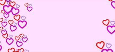 Pembe arka planda kırmızı ve pembe kalpleri olan soyut bir arka plan. Afişler, posterler, web sayfaları için şablon. 3d vektörü.