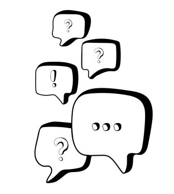 Elle çizilmiş sohbet simgeleri. Beyaz arka planda izole edilmiş soru ve ünlem işaretleriyle konuşma baloncukları. İkonlardan. İletişim konsepti. Web ve uygulamalar için tasarım.