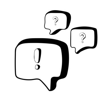 Elle çizilmiş sohbet simgeleri. Beyaz zemin üzerinde soru ve ünlem işaretleri olan konuşma baloncukları. Çözüm arama konsepti. Web ve uygulamalar için tasarım.