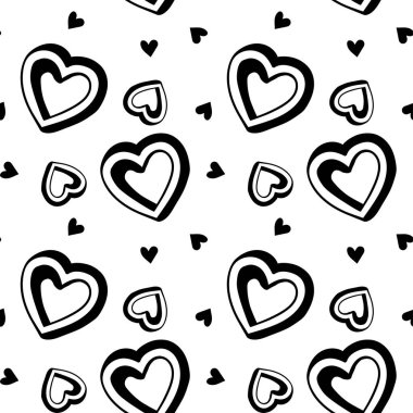 Beyaz arka planda elle çizilmiş kalplerin kusursuz deseni. Doodle tarzı. Kumaş, tekstil, ambalaj kağıdı, arkaplan vs. için uygundur.