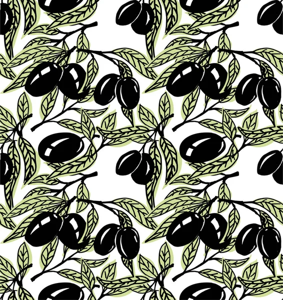 Motif Olive Sans Couture Oliviers Grecs Sur Branches Feuilles Dessin — Image vectorielle