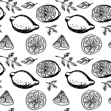 Limonsuz desen, yaz meyve tasarımı. Limon dilimleri, yapraklar. El çizimi çizimi vektör illüstrasyonu.