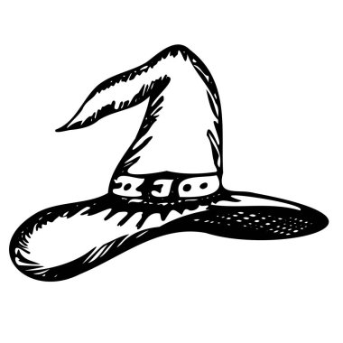 Grafik siyah beyaz Cadılar Bayramı Cadı Şapkası. Sezonluk tasarım, tekstil, dekorasyon, çocuk oyun odası ya da tebrik kartı için komik, sevimli bir illüstrasyon. El çizimleri ve karalama.