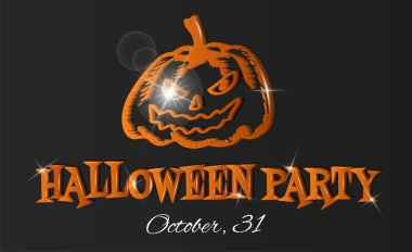 Cadılar Bayramı Partisi ilanı, koyu arkaplanlı turuncu balkabağı illüstrasyonu. Tatil mesajı tasarımı.