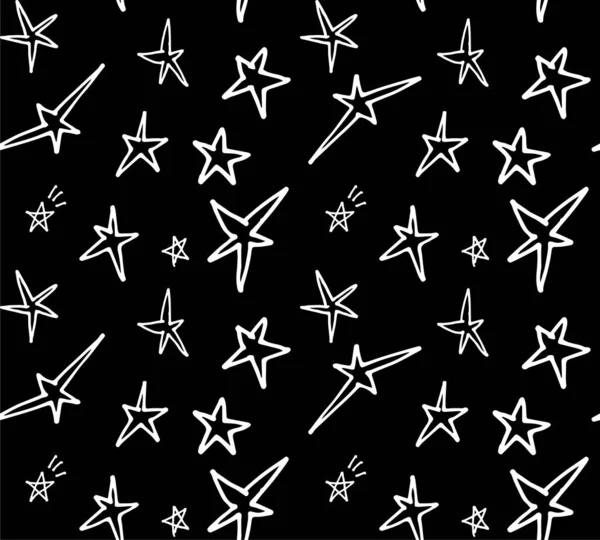 Bezešvé Vzor Ručně Kreslené Bílé Hvězdy Černém Pozadí — Stockový vektor
