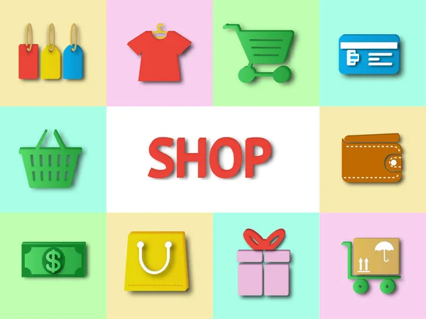 Compras Línea Conjunto Icono Vector Diseña Elementos Gráficos Iconos Símbolos — Vector de stock