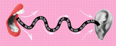 Trendy halftone banner with mouth screaming blah-blah in ear. Gossip, propaganda and fake news concept. False information spreading. Contemporary collage for design template. Vector