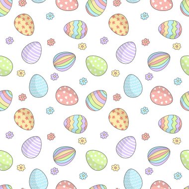 Renkli yumurta ve çiçekli paskalya desenleri. Mutlu Paskalyalar kavramı. Bayram duvar kağıdı, ambalaj, hediye paketi, kağıt, hatıra defteri ve ambalaj için harika.