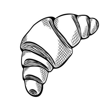 Fransız kruvasanı çizimi. Kruvasan fırınının klasik tarzında elle çizilmiş bir resim. Baskı, afiş, kart, ürün logosu, broşür, menü, pastane