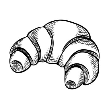 Fransız kruvasanı çizimi. Kruvasan fırınının klasik tarzında elle çizilmiş bir resim. Baskı, afiş, kart, ürün logosu, broşür, menü, pastane