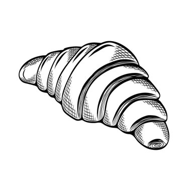Fransız kruvasanı çizimi. Kruvasan fırınının klasik tarzında elle çizilmiş bir resim. Baskı, afiş, kart, ürün logosu, broşür, menü, pastane