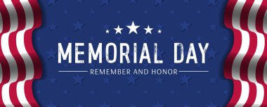 Anma Günü tasarım şablonu. ABD bayrağı ve lacivert yıldızlı yatay arka plan. Ağ afişleri, kartlar, posterler, sosyal medya için harika