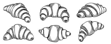 Fransız kruvasanı seti. Yemek kruvasan fırınının el çizimi çizimi. Tasarım menüsü kafe, bistro, restoran, etiket ve paketleme için harika