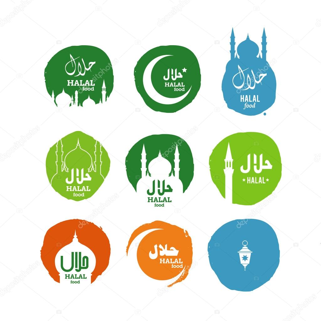 Halal islamic food with text in english and arabic halal set illustration