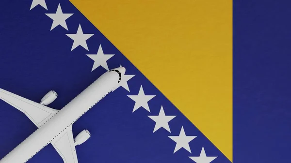 Top Down View of a Plane in the Corner on Top of the Country Flag of Bosnia and Herzegovina