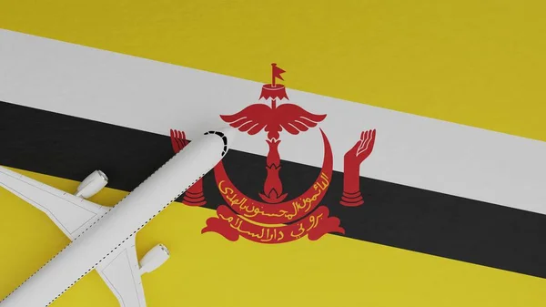 Top Down View of a Plane in the Corner on Top of the Country Flag of Brunei