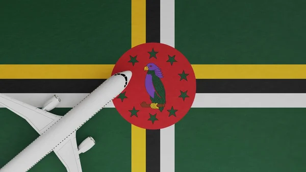 Top Down View of a Plane in the Corner on Top of the Country Flag of Dominica