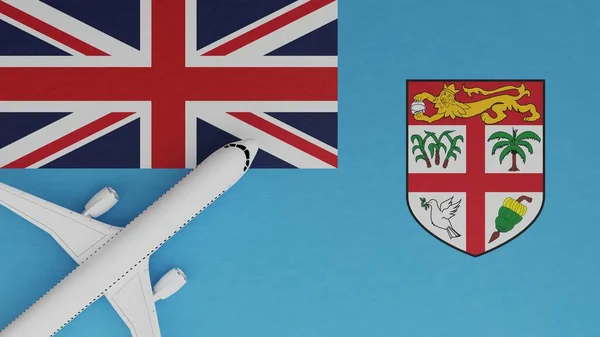 Top Down View of a Plane in the Corner on Top of the Country Flag of Fiji