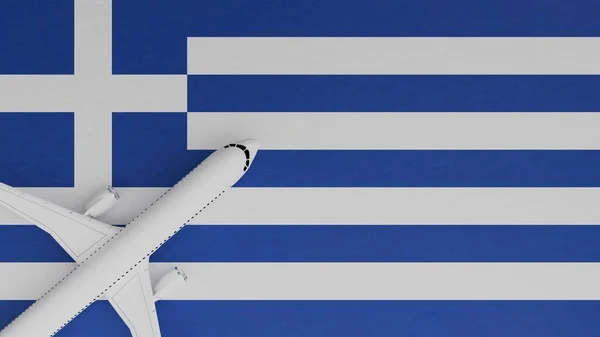 Top Down View of a Plane in the Corner on Top of the Country Flag of Greece