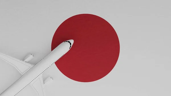 Top Down View of a Plane in the Corner on Top of the Country Flag of Japan