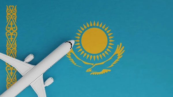 Top Down View of a Plane in the Corner on Top of the Country Flag of Kazakhstan