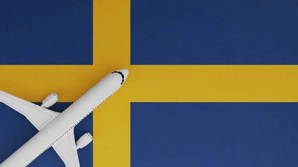Top Down View of a Plane in the Corner on Top of the Country Flag of Sweden