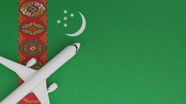 Türkmenistan Ülke Bayrağının Köşesindeki Bir Uçağın Üst Aşağı Görünümü — Stok fotoğraf