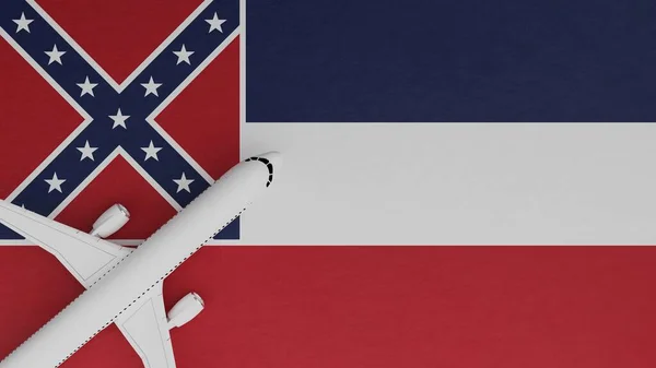 Top Down View of a Plane in the Corner on Top of the US State Flag of Mississippi