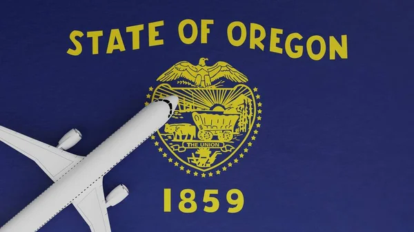 Top Down View of a Plane in the Corner on Top of the US State Flag of Oregon (Front)