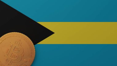 Bahamalar Bayrağı 'nın sol alt köşesindeki Altın Bitcoin.