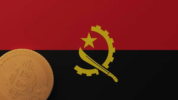 Gold Bitcoin Bottom Left Corner Country Flag Angola — Stock Photo, Image