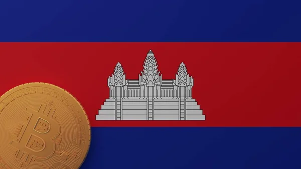 Złota Bitcoin Lewym Dolnym Rogu Flagi Kambodży — Zdjęcie stockowe