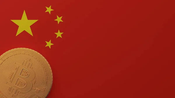Золотой Биткойн Левом Нижнем Углу Флага Китая — стоковое фото