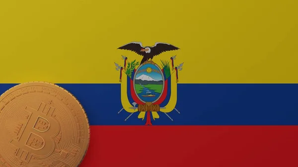 Gold Bitcoin Linker Benedenhoek Landvlag Van Ecuador — Stockfoto