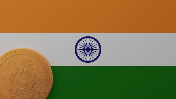 Zlatý Bitcoin Levém Dolním Rohu Indické Vlajce — Stock fotografie