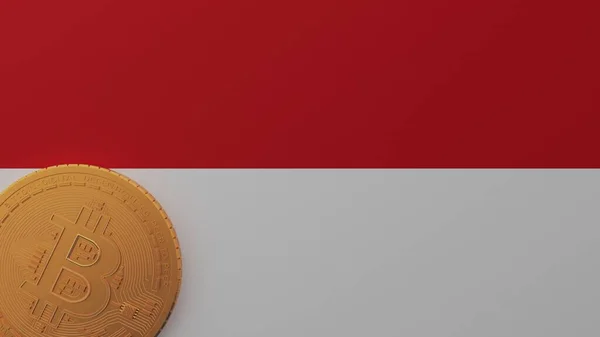 Bitcoin Emas Sudut Kiri Bawah Pada Bendera Negara Indonesia — Stok Foto