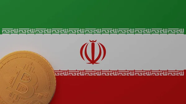 Bitcoin Emas Sudut Kiri Bawah Pada Bendera Negara Iran — Stok Foto