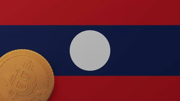 Złota Bitcoin Lewym Dolnym Rogu Flagi Kraju Laos — Zdjęcie stockowe