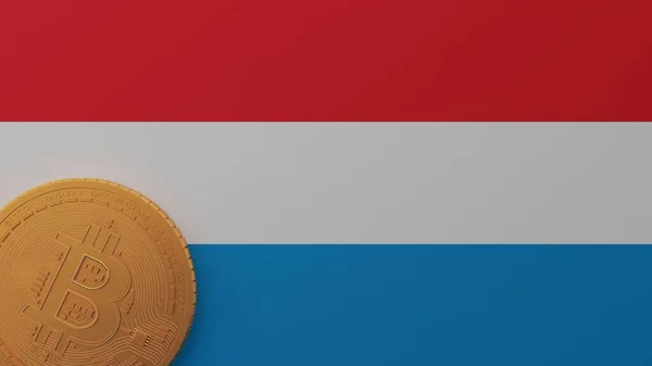 Bitcoin Emas Sudut Kiri Bawah Pada Bendera Negara Luksemburg — Stok Foto