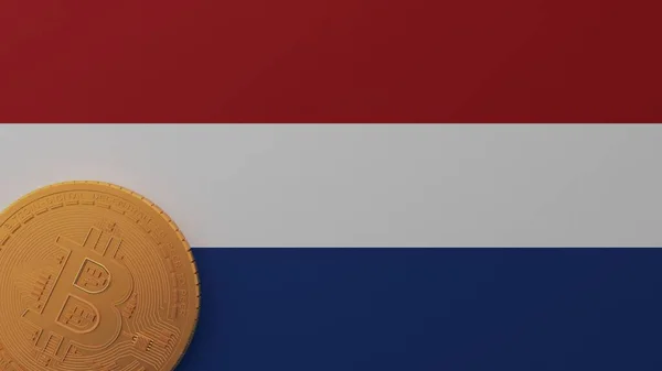 Bitcoin Emas Sudut Kiri Bawah Pada Bendera Negara Belanda — Stok Foto