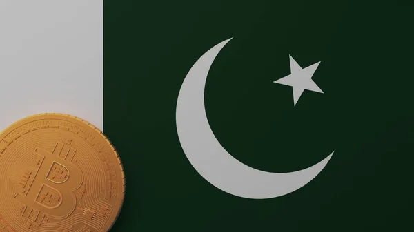 Zlatý Bitcoin Levém Dolním Rohu Vlajce Pákistánu — Stock fotografie